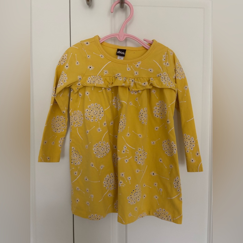 Girls tea collection yellow floral long sleeve ruffle cotton dress 2T.